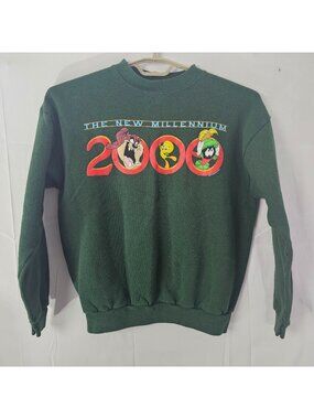 Y2K Tultex Looney Tunes Sweatshirt Mens M Green New Millennium Pullover 2000